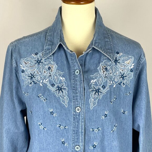 Vtg Passion-I Denim Top Sz L Floral Embroidery Cottagecore Country Western - Picture 2 of 6